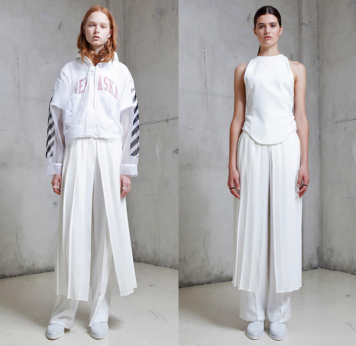 Off-White Virgil Abloh 2015 Spring Summer Womens Lookbook Presentation - Mode à Paris Fashion Week Prêt-à-Porter Mode Féminin Femme France - Denim Jeans Destroyed Destructed Frayed Jumpsuit Mesh Banded Strap Outerwear Jacket Patched Paint Stains Smudges Sweatshirt Lace Half Skirt White Ensemble Ruffles Accordion Pleats Tiered Layers High Slit Skirt Frock Curved Hem Anorak Leaves Foliage Print Motif