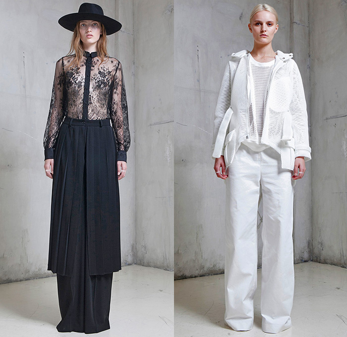 Off-White Virgil Abloh 2015 Spring Summer Womens Lookbook Presentation - Mode à Paris Fashion Week Prêt-à-Porter Mode Féminin Femme France - Denim Jeans Destroyed Destructed Frayed Jumpsuit Mesh Banded Strap Outerwear Jacket Patched Paint Stains Smudges Sweatshirt Lace Half Skirt White Ensemble Ruffles Accordion Pleats Tiered Layers High Slit Skirt Frock Curved Hem Anorak Leaves Foliage Print Motif