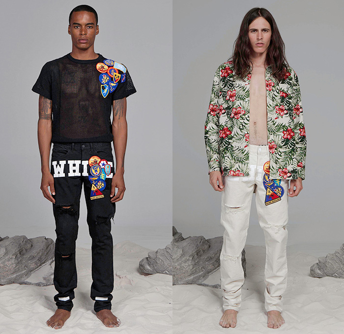 Off-White Virgil Abloh 2015 Spring Summer Mens Lookbook Collection Presentation - Mode à Paris Fashion Week Mode Masculine France - Denim Jeans Patchwork Emblems Destroyed Destructed Ripped Frayed Holes Slim Tapered Slouchy Typography Turtleneck Sweater Jumper Mesh Peek-A-Boo Shirt Flowers Florals Foliage Leaves Fauna Print Motorcycle Biker Rider Outerwear Stripes Paint Splatters Field Jacket Shorts Cargo Pockets Boxing Trunks Jogging Sweatpants