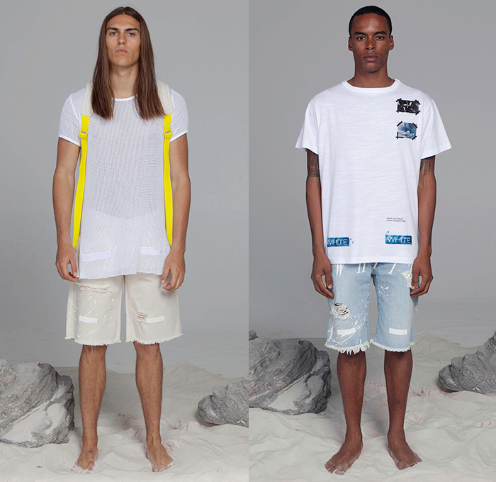 Off-White Virgil Abloh 2015 Spring Summer Mens Lookbook Collection Presentation - Mode à Paris Fashion Week Mode Masculine France - Denim Jeans Patchwork Emblems Destroyed Destructed Ripped Frayed Holes Slim Tapered Slouchy Typography Turtleneck Sweater Jumper Mesh Peek-A-Boo Shirt Flowers Florals Foliage Leaves Fauna Print Motorcycle Biker Rider Outerwear Stripes Paint Splatters Field Jacket Shorts Cargo Pockets Boxing Trunks Jogging Sweatpants