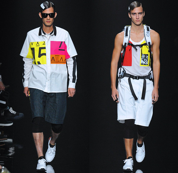 Onitsuka Tiger x Andrea Pompilio 2015 Spring Summer Mens Runway Catwalk Looks - Mercedes-Benz Fashion Week Tokyo Japan - Athletic Sporty White Denim Jeans Cropped Pants Leggings Under Shorts Sneakers Trainers Sporty Roll Fold Up Shorts Backpack Tank Top Camouflage Reflector Strips Shirt Outerwear Parka Bomber Jacket Blazer Hi-Tops Streetwear