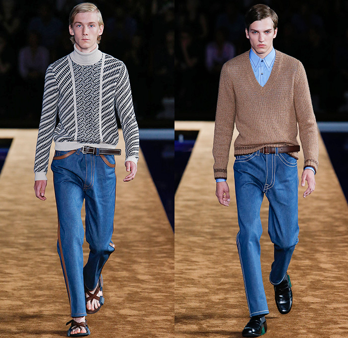 Prada 2015 Spring Summer Mens Runway Looks - Milano Moda Uomo Collezione Milan Fashion Week Italy Camera Nazionale della Moda Italiana - Miuccia Prada - Denim Jeans Contrast Stitching Retro Seventies 1970s Knit Sweater Jumper Turtleneck Sandals V-Neck Button Down Shirt Outerwear Jacket Trench Coat Blazer Checks