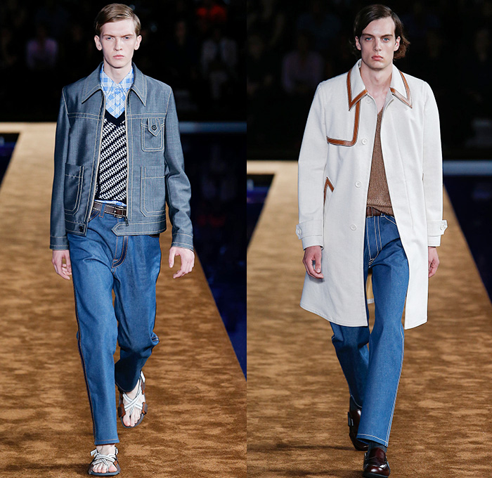 Prada 2015 Spring Summer Mens Runway Looks - Milano Moda Uomo Collezione Milan Fashion Week Italy Camera Nazionale della Moda Italiana - Miuccia Prada - Denim Jeans Contrast Stitching Retro Seventies 1970s Knit Sweater Jumper Turtleneck Sandals V-Neck Button Down Shirt Outerwear Jacket Trench Coat Blazer Checks