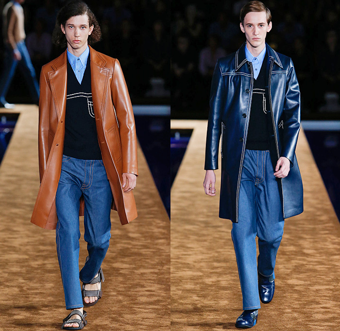 Prada 2015 Spring Summer Mens Runway Looks - Milano Moda Uomo Collezione Milan Fashion Week Italy Camera Nazionale della Moda Italiana - Miuccia Prada - Denim Jeans Contrast Stitching Retro Seventies 1970s Knit Sweater Jumper Turtleneck Sandals V-Neck Button Down Shirt Outerwear Jacket Trench Coat Blazer Checks