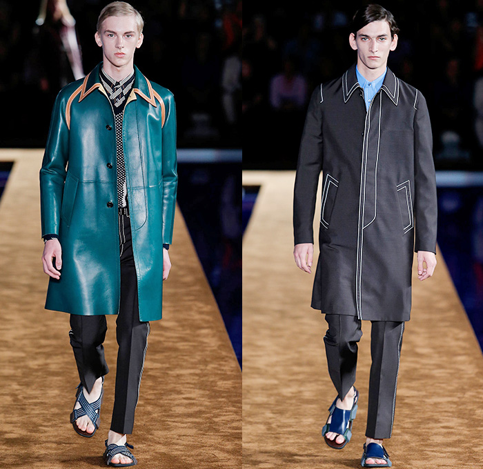 Prada 2015 Spring Summer Mens Runway Looks - Milano Moda Uomo Collezione Milan Fashion Week Italy Camera Nazionale della Moda Italiana - Miuccia Prada - Denim Jeans Contrast Stitching Retro Seventies 1970s Knit Sweater Jumper Turtleneck Sandals V-Neck Button Down Shirt Outerwear Jacket Trench Coat Blazer Checks