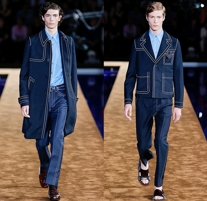 Prada 2015 Spring Summer Mens Runway Looks - Milano Moda Uomo Collezione Milan Fashion Week Italy Camera Nazionale della Moda Italiana - Miuccia Prada - Denim Jeans Contrast Stitching Retro Seventies 1970s Knit Sweater Jumper Turtleneck Sandals V-Neck Button Down Shirt Outerwear Jacket Trench Coat Blazer Checks