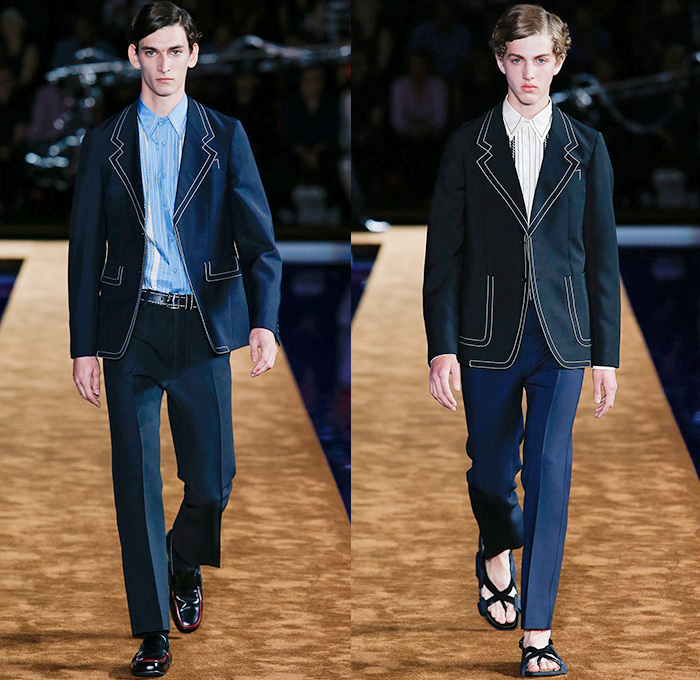 Prada 2015 Spring Summer Mens Runway Looks - Milano Moda Uomo Collezione Milan Fashion Week Italy Camera Nazionale della Moda Italiana - Miuccia Prada - Denim Jeans Contrast Stitching Retro Seventies 1970s Knit Sweater Jumper Turtleneck Sandals V-Neck Button Down Shirt Outerwear Jacket Trench Coat Blazer Checks