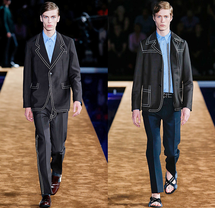 Prada 2015 Spring Summer Mens Runway Looks - Milano Moda Uomo Collezione Milan Fashion Week Italy Camera Nazionale della Moda Italiana - Miuccia Prada - Denim Jeans Contrast Stitching Retro Seventies 1970s Knit Sweater Jumper Turtleneck Sandals V-Neck Button Down Shirt Outerwear Jacket Trench Coat Blazer Checks