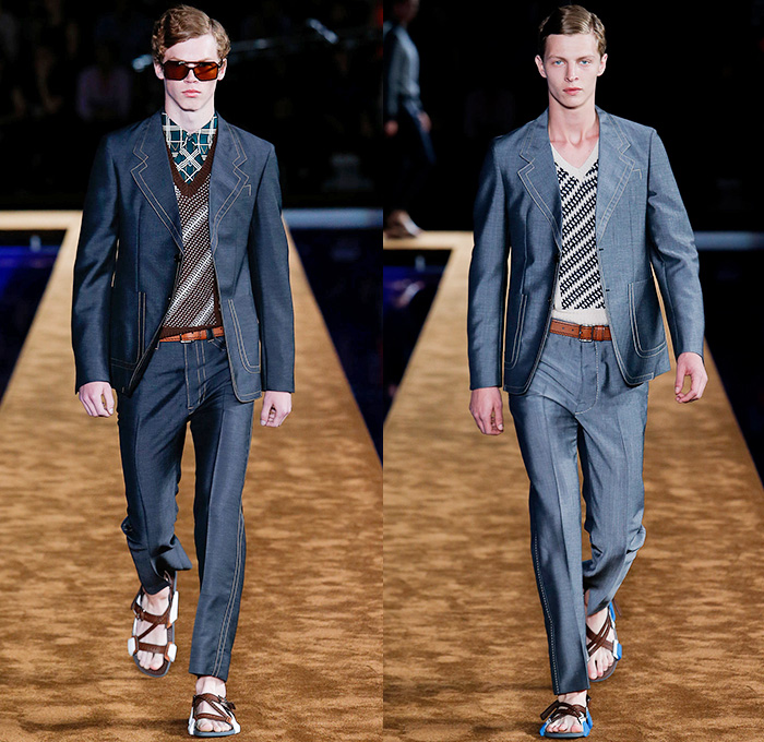 Prada 2015 Spring Summer Mens Runway Looks - Milano Moda Uomo Collezione Milan Fashion Week Italy Camera Nazionale della Moda Italiana - Miuccia Prada - Denim Jeans Contrast Stitching Retro Seventies 1970s Knit Sweater Jumper Turtleneck Sandals V-Neck Button Down Shirt Outerwear Jacket Trench Coat Blazer Checks