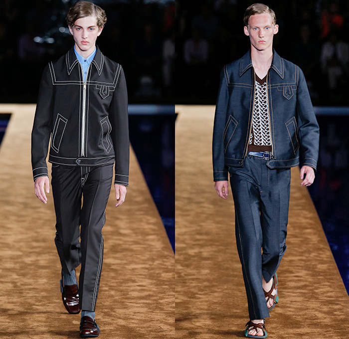 Prada 2015 Spring Summer Mens Runway Looks - Milano Moda Uomo Collezione Milan Fashion Week Italy Camera Nazionale della Moda Italiana - Miuccia Prada - Denim Jeans Contrast Stitching Retro Seventies 1970s Knit Sweater Jumper Turtleneck Sandals V-Neck Button Down Shirt Outerwear Jacket Trench Coat Blazer Checks