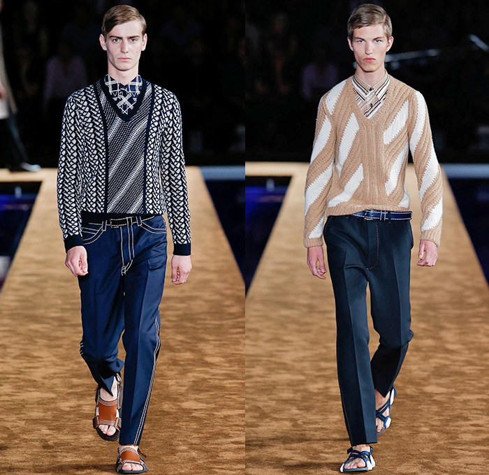 Prada 2015 Spring Summer Mens Runway Looks - Milano Moda Uomo Collezione Milan Fashion Week Italy Camera Nazionale della Moda Italiana - Miuccia Prada - Denim Jeans Contrast Stitching Retro Seventies 1970s Knit Sweater Jumper Turtleneck Sandals V-Neck Button Down Shirt Outerwear Jacket Trench Coat Blazer Checks