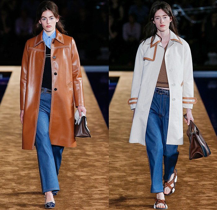 Prada 2015 Spring Summer Womens Runway Looks - Milano Moda Uomo Collezione Milan Fashion Week Italy Camera Nazionale della Moda Italiana - Miuccia Prada - Denim Jeans Contrast Stitching Retro Seventies 1970s Knit V-Neck Sweater Jumper Sandals Button Down Shirt Outerwear Jacket Trench Coat Blazer Checks Skirt Frock Handbag Bag Tote Trim Pattern Handkerchief Hem Stripes Diagonal Stripes Belted Waist Loafers