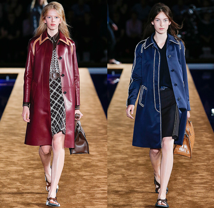 Prada 2015 Spring Summer Womens Runway Looks - Milano Moda Uomo Collezione Milan Fashion Week Italy Camera Nazionale della Moda Italiana - Miuccia Prada - Denim Jeans Contrast Stitching Retro Seventies 1970s Knit V-Neck Sweater Jumper Sandals Button Down Shirt Outerwear Jacket Trench Coat Blazer Checks Skirt Frock Handbag Bag Tote Trim Pattern Handkerchief Hem Stripes Diagonal Stripes Belted Waist Loafers