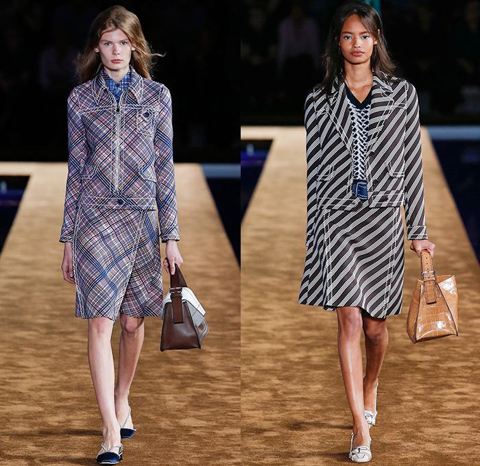 Prada 2015 Spring Summer Womens Runway Looks - Milano Moda Uomo Collezione Milan Fashion Week Italy Camera Nazionale della Moda Italiana - Miuccia Prada - Denim Jeans Contrast Stitching Retro Seventies 1970s Knit V-Neck Sweater Jumper Sandals Button Down Shirt Outerwear Jacket Trench Coat Blazer Checks Skirt Frock Handbag Bag Tote Trim Pattern Handkerchief Hem Stripes Diagonal Stripes Belted Waist Loafers