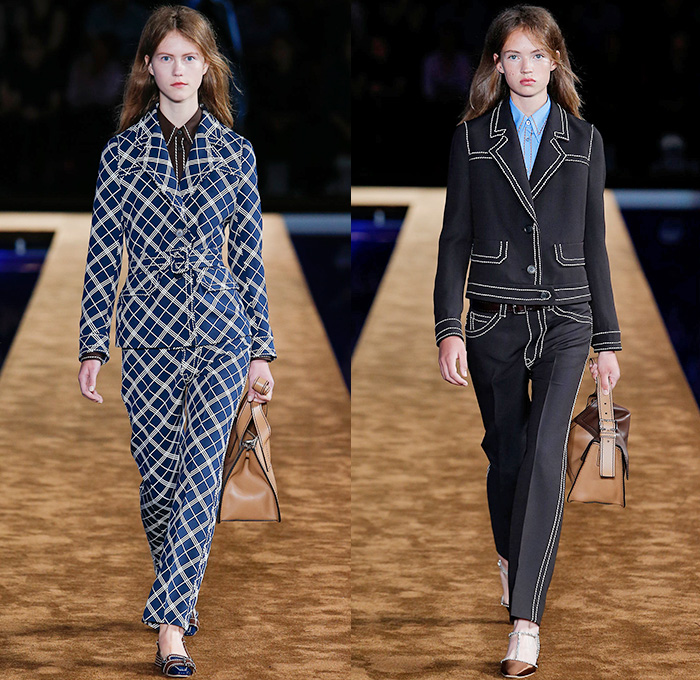 Prada 2015 Spring Summer Womens Runway Looks - Milano Moda Uomo Collezione Milan Fashion Week Italy Camera Nazionale della Moda Italiana - Miuccia Prada - Denim Jeans Contrast Stitching Retro Seventies 1970s Knit V-Neck Sweater Jumper Sandals Button Down Shirt Outerwear Jacket Trench Coat Blazer Checks Skirt Frock Handbag Bag Tote Trim Pattern Handkerchief Hem Stripes Diagonal Stripes Belted Waist Loafers