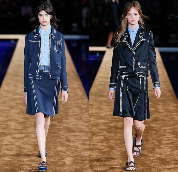 Prada 2015 Spring Summer Womens Runway Looks - Milano Moda Uomo Collezione Milan Fashion Week Italy Camera Nazionale della Moda Italiana - Miuccia Prada - Denim Jeans Contrast Stitching Retro Seventies 1970s Knit V-Neck Sweater Jumper Sandals Button Down Shirt Outerwear Jacket Trench Coat Blazer Checks Skirt Frock Handbag Bag Tote Trim Pattern Handkerchief Hem Stripes Diagonal Stripes Belted Waist Loafers