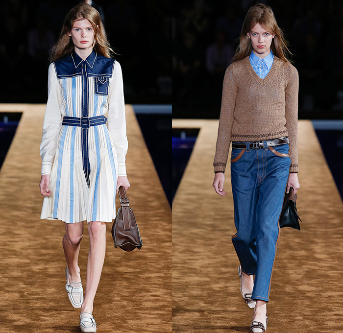 Prada 2015 Spring Summer Womens Runway Looks - Milano Moda Uomo Collezione Milan Fashion Week Italy Camera Nazionale della Moda Italiana - Miuccia Prada - Denim Jeans Contrast Stitching Retro Seventies 1970s Knit V-Neck Sweater Jumper Sandals Button Down Shirt Outerwear Jacket Trench Coat Blazer Checks Skirt Frock Handbag Bag Tote Trim Pattern Handkerchief Hem Stripes Diagonal Stripes Belted Waist Loafers