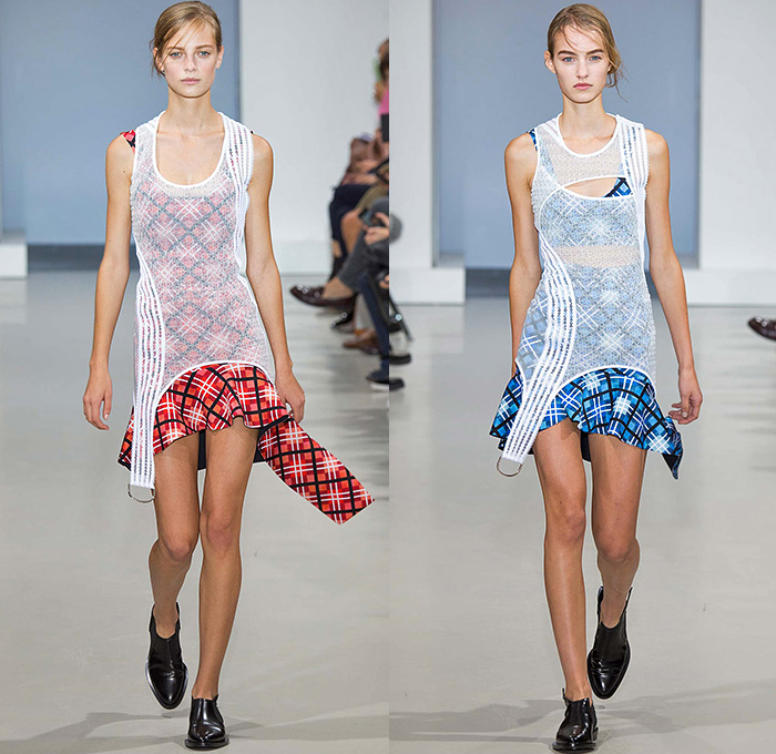 Paco Rabanne 2015 Spring Summer Womens Runway Catwalk Looks - Paris Fashion Week Prêt-à-Porter Mode Féminin Femme France - Sheer Chiffon Lace Checks Plaid Curved Concave Asymmetrical Hem Dress Frock Miniskirt Crop Top Midriff D-Ring Cropped Sweater Knit Sporty Halter Utility Pockets Banded Strap Grommets Metallic High Slit Zippers Capri Cropped Pants Extra Panel Vest Waistcoat Leggings Outerwear Jacket Coat