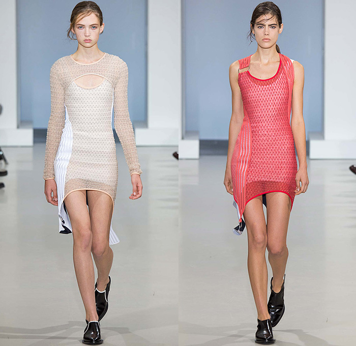 Paco Rabanne 2015 Spring Summer Womens Runway Catwalk Looks - Paris Fashion Week Prêt-à-Porter Mode Féminin Femme France - Sheer Chiffon Lace Checks Plaid Curved Concave Asymmetrical Hem Dress Frock Miniskirt Crop Top Midriff D-Ring Cropped Sweater Knit Sporty Halter Utility Pockets Banded Strap Grommets Metallic High Slit Zippers Capri Cropped Pants Extra Panel Vest Waistcoat Leggings Outerwear Jacket Coat