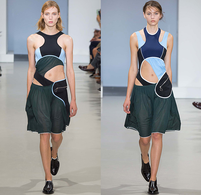 Paco Rabanne 2015 Spring Summer Womens Runway Catwalk Looks - Paris Fashion Week Prêt-à-Porter Mode Féminin Femme France - Sheer Chiffon Lace Checks Plaid Curved Concave Asymmetrical Hem Dress Frock Miniskirt Crop Top Midriff D-Ring Cropped Sweater Knit Sporty Halter Utility Pockets Banded Strap Grommets Metallic High Slit Zippers Capri Cropped Pants Extra Panel Vest Waistcoat Leggings Outerwear Jacket Coat