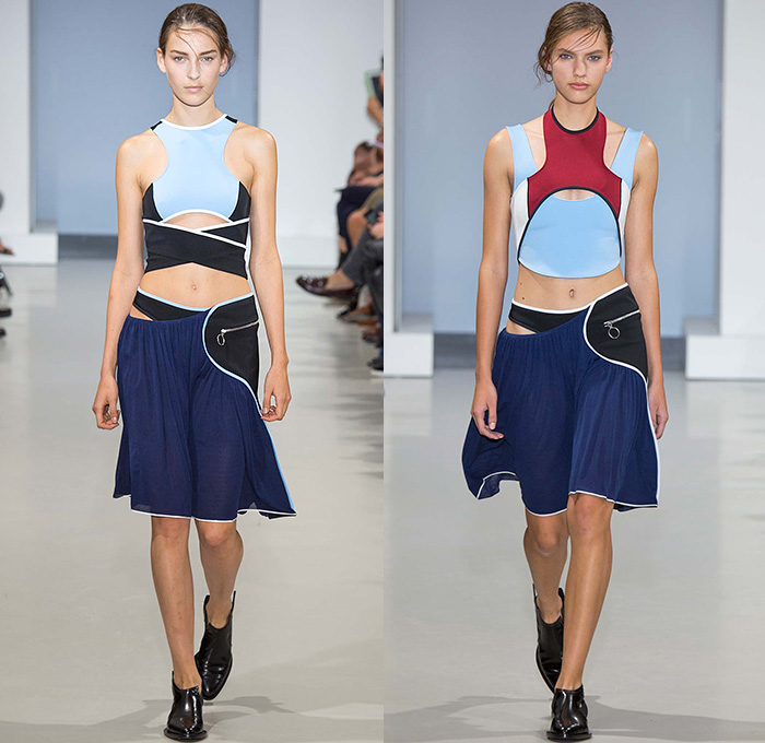 Paco Rabanne 2015 Spring Summer Womens Runway Catwalk Looks - Paris Fashion Week Prêt-à-Porter Mode Féminin Femme France - Sheer Chiffon Lace Checks Plaid Curved Concave Asymmetrical Hem Dress Frock Miniskirt Crop Top Midriff D-Ring Cropped Sweater Knit Sporty Halter Utility Pockets Banded Strap Grommets Metallic High Slit Zippers Capri Cropped Pants Extra Panel Vest Waistcoat Leggings Outerwear Jacket Coat