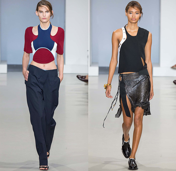 Paco Rabanne 2015 Spring Summer Womens Runway Catwalk Looks - Paris Fashion Week Prêt-à-Porter Mode Féminin Femme France - Sheer Chiffon Lace Checks Plaid Curved Concave Asymmetrical Hem Dress Frock Miniskirt Crop Top Midriff D-Ring Cropped Sweater Knit Sporty Halter Utility Pockets Banded Strap Grommets Metallic High Slit Zippers Capri Cropped Pants Extra Panel Vest Waistcoat Leggings Outerwear Jacket Coat