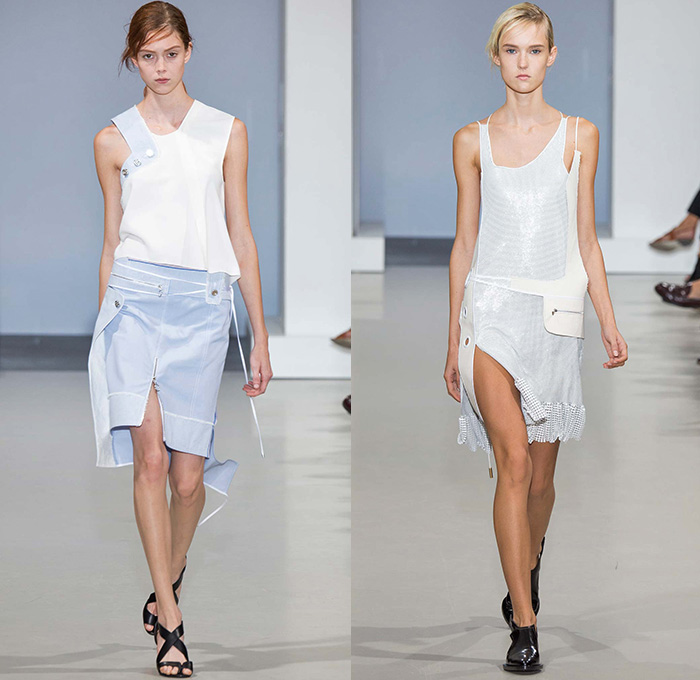 Paco Rabanne 2015 Spring Summer Womens Runway Catwalk Looks - Paris Fashion Week Prêt-à-Porter Mode Féminin Femme France - Sheer Chiffon Lace Checks Plaid Curved Concave Asymmetrical Hem Dress Frock Miniskirt Crop Top Midriff D-Ring Cropped Sweater Knit Sporty Halter Utility Pockets Banded Strap Grommets Metallic High Slit Zippers Capri Cropped Pants Extra Panel Vest Waistcoat Leggings Outerwear Jacket Coat