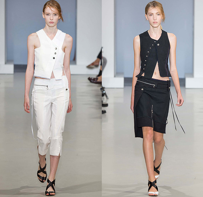 Paco Rabanne 2015 Spring Summer Womens Runway Catwalk Looks - Paris Fashion Week Prêt-à-Porter Mode Féminin Femme France - Sheer Chiffon Lace Checks Plaid Curved Concave Asymmetrical Hem Dress Frock Miniskirt Crop Top Midriff D-Ring Cropped Sweater Knit Sporty Halter Utility Pockets Banded Strap Grommets Metallic High Slit Zippers Capri Cropped Pants Extra Panel Vest Waistcoat Leggings Outerwear Jacket Coat