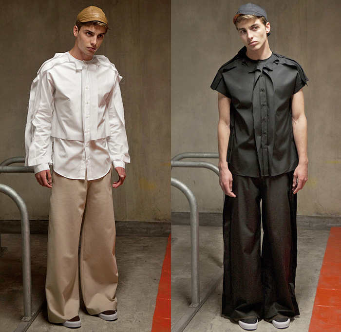 palmer//harding 2015 Spring Summer Mens Lookbook Presentation - British Fashion UK United Kingdom - Raw Edges White Shirt Button Down Long Sleeve Wide Leg Trousers Palazzo Pants Shorts Fold Out Multi-Panel Abstract Print Sweater Jumper Crop Top Midriff Metallic Foil Outerwear Jacket Overlay
