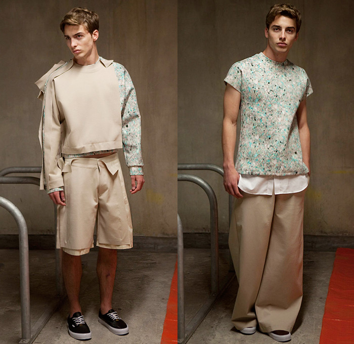 palmer//harding 2015 Spring Summer Mens Lookbook Presentation - British Fashion UK United Kingdom - Raw Edges White Shirt Button Down Long Sleeve Wide Leg Trousers Palazzo Pants Shorts Fold Out Multi-Panel Abstract Print Sweater Jumper Crop Top Midriff Metallic Foil Outerwear Jacket Overlay