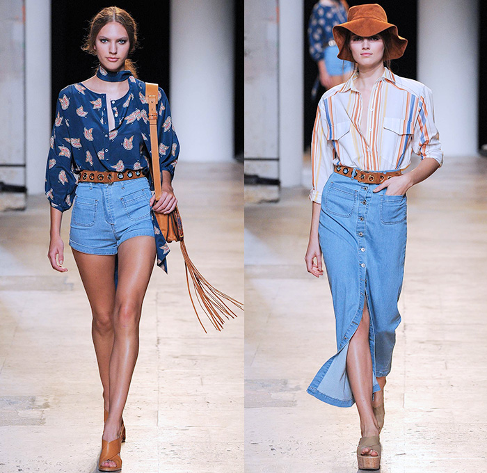 Paul & Joe 2015 Spring Summer Womens Runway Catwalk Looks - Mode à Paris Fashion Week Prêt-à-Porter Mode Féminin Femme France - Denim Jeans 1970s Seventies Hippie Bohemian Paisley Bird Owl Print Lace Up Fringes Stripes Maxi Dress Coat Jumpsuit Romper Flowers Florals Ruffles Low Neckline Sheer Chiffon Jacket Scarf Hat Suede Tankdress Lace Gauchos Culottes Wide Leg Blouse Peter Pan Collar Handkerchief Hem Mesh Cargo Pockets