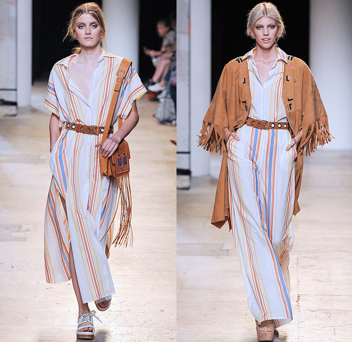 Paul & Joe 2015 Spring Summer Womens Runway Catwalk Looks - Mode à Paris Fashion Week Prêt-à-Porter Mode Féminin Femme France - Denim Jeans 1970s Seventies Hippie Bohemian Paisley Bird Owl Print Lace Up Fringes Stripes Maxi Dress Coat Jumpsuit Romper Flowers Florals Ruffles Low Neckline Sheer Chiffon Jacket Scarf Hat Suede Tankdress Lace Gauchos Culottes Wide Leg Blouse Peter Pan Collar Handkerchief Hem Mesh Cargo Pockets