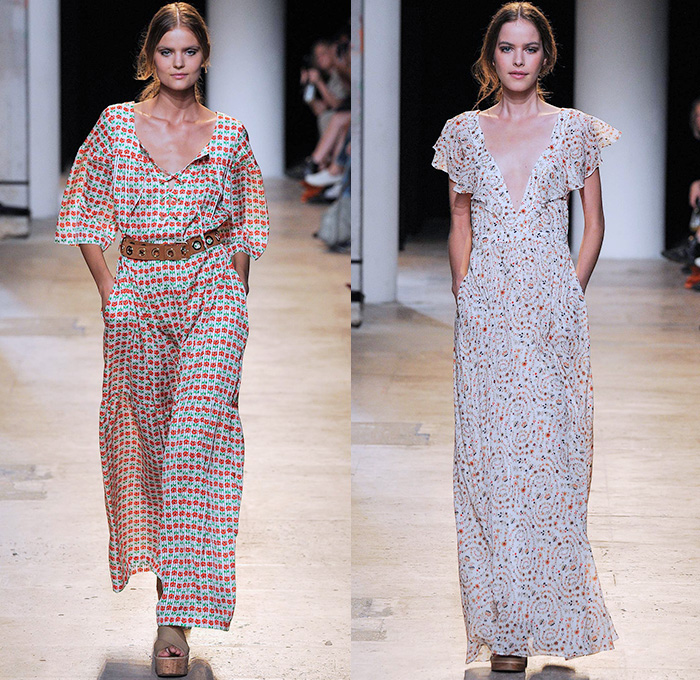 Paul & Joe 2015 Spring Summer Womens Runway Catwalk Looks - Mode à Paris Fashion Week Prêt-à-Porter Mode Féminin Femme France - Denim Jeans 1970s Seventies Hippie Bohemian Paisley Bird Owl Print Lace Up Fringes Stripes Maxi Dress Coat Jumpsuit Romper Flowers Florals Ruffles Low Neckline Sheer Chiffon Jacket Scarf Hat Suede Tankdress Lace Gauchos Culottes Wide Leg Blouse Peter Pan Collar Handkerchief Hem Mesh Cargo Pockets