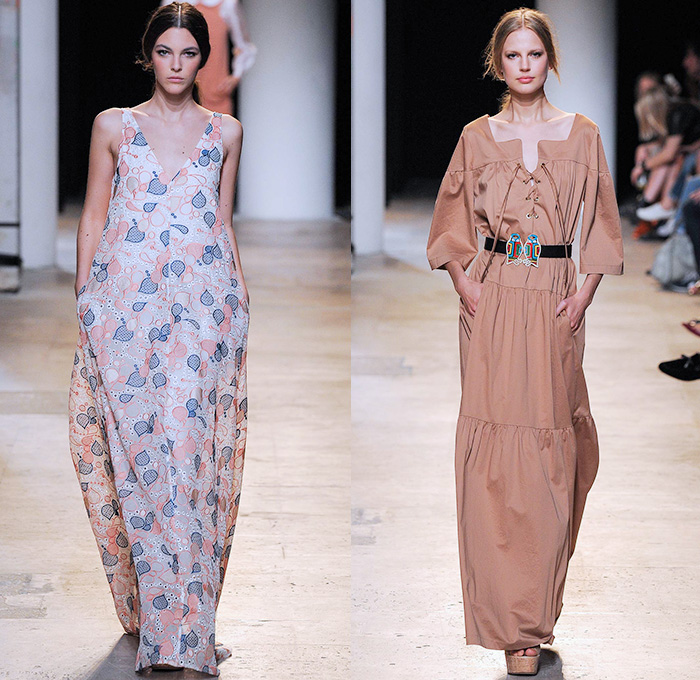 Paul & Joe 2015 Spring Summer Womens Runway Catwalk Looks - Mode à Paris Fashion Week Prêt-à-Porter Mode Féminin Femme France - Denim Jeans 1970s Seventies Hippie Bohemian Paisley Bird Owl Print Lace Up Fringes Stripes Maxi Dress Coat Jumpsuit Romper Flowers Florals Ruffles Low Neckline Sheer Chiffon Jacket Scarf Hat Suede Tankdress Lace Gauchos Culottes Wide Leg Blouse Peter Pan Collar Handkerchief Hem Mesh Cargo Pockets