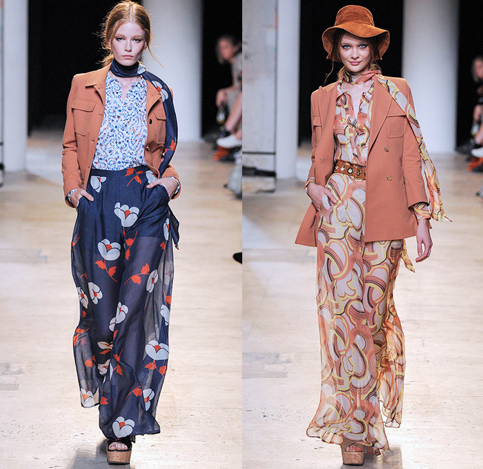 Paul & Joe 2015 Spring Summer Womens Runway Catwalk Looks - Mode à Paris Fashion Week Prêt-à-Porter Mode Féminin Femme France - Denim Jeans 1970s Seventies Hippie Bohemian Paisley Bird Owl Print Lace Up Fringes Stripes Maxi Dress Coat Jumpsuit Romper Flowers Florals Ruffles Low Neckline Sheer Chiffon Jacket Scarf Hat Suede Tankdress Lace Gauchos Culottes Wide Leg Blouse Peter Pan Collar Handkerchief Hem Mesh Cargo Pockets