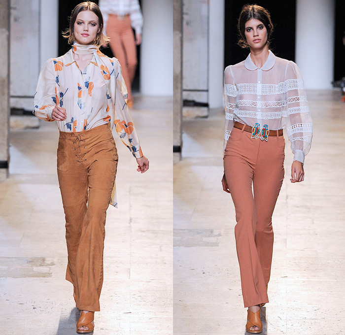 Paul & Joe 2015 Spring Summer Womens Runway Catwalk Looks - Mode à Paris Fashion Week Prêt-à-Porter Mode Féminin Femme France - Denim Jeans 1970s Seventies Hippie Bohemian Paisley Bird Owl Print Lace Up Fringes Stripes Maxi Dress Coat Jumpsuit Romper Flowers Florals Ruffles Low Neckline Sheer Chiffon Jacket Scarf Hat Suede Tankdress Lace Gauchos Culottes Wide Leg Blouse Peter Pan Collar Handkerchief Hem Mesh Cargo Pockets