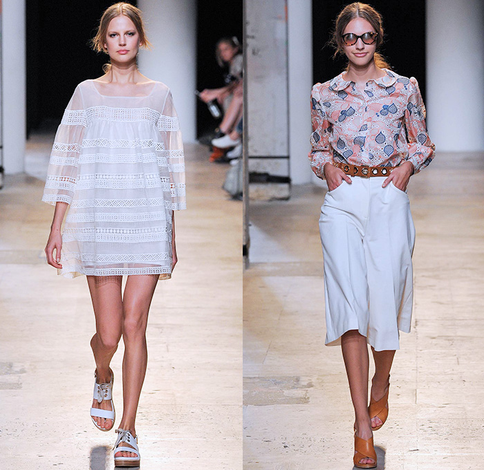 Paul & Joe 2015 Spring Summer Womens Runway Catwalk Looks - Mode à Paris Fashion Week Prêt-à-Porter Mode Féminin Femme France - Denim Jeans 1970s Seventies Hippie Bohemian Paisley Bird Owl Print Lace Up Fringes Stripes Maxi Dress Coat Jumpsuit Romper Flowers Florals Ruffles Low Neckline Sheer Chiffon Jacket Scarf Hat Suede Tankdress Lace Gauchos Culottes Wide Leg Blouse Peter Pan Collar Handkerchief Hem Mesh Cargo Pockets