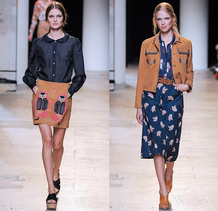 Paul & Joe 2015 Spring Summer Womens Runway Catwalk Looks - Mode à Paris Fashion Week Prêt-à-Porter Mode Féminin Femme France - Denim Jeans 1970s Seventies Hippie Bohemian Paisley Bird Owl Print Lace Up Fringes Stripes Maxi Dress Coat Jumpsuit Romper Flowers Florals Ruffles Low Neckline Sheer Chiffon Jacket Scarf Hat Suede Tankdress Lace Gauchos Culottes Wide Leg Blouse Peter Pan Collar Handkerchief Hem Mesh Cargo Pockets