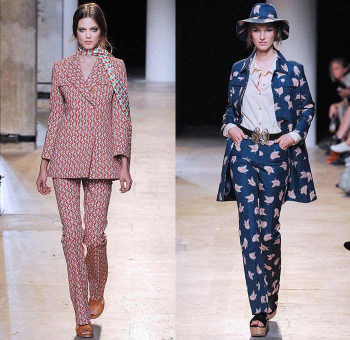 Paul & Joe 2015 Spring Summer Womens Runway Catwalk Looks - Mode à Paris Fashion Week Prêt-à-Porter Mode Féminin Femme France - Denim Jeans 1970s Seventies Hippie Bohemian Paisley Bird Owl Print Lace Up Fringes Stripes Maxi Dress Coat Jumpsuit Romper Flowers Florals Ruffles Low Neckline Sheer Chiffon Jacket Scarf Hat Suede Tankdress Lace Gauchos Culottes Wide Leg Blouse Peter Pan Collar Handkerchief Hem Mesh Cargo Pockets