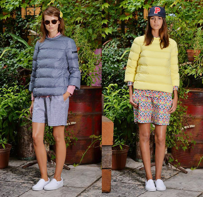 Peuterey Aiguille Noire 2015 Spring Summer Womens Lookbook Presentation - Milano Moda Donna Collezione Milan Fashion Week Italy Camera Nazionale della Moda Italiana - Puffy Outerwear Down Bomber Jacket Shorts Tied Up Waist Cap Hat Prints Motif Cropped Pants Trousers Sweater Jumper Gingham Checks Coat Parka Knit Anorak Hoodie