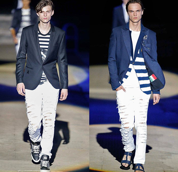 Philipp Plein 2015 Spring Summer Mens Runway Looks - Milano Moda Uomo Collezione Milan Fashion Week Italy Camera Nazionale della Moda Italiana - Denim Jeans Ripped Destroyed Frayed Destructed Outerwear Blazer Coat White Nautical Marine Military Sailor Rhinestones Metallic Studs Sequins Anchor Emblems Patches Leather Shorts Alligator Crocodile Reptile Skin Stripes Knit Sweater Jumper Bomber Jacket Motorcycle Biker Anchor Shark Vest Jogging Sweatpants Robe