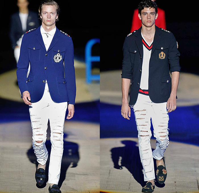 Philipp Plein 2015 Spring Summer Mens Runway Looks - Milano Moda Uomo Collezione Milan Fashion Week Italy Camera Nazionale della Moda Italiana - Denim Jeans Ripped Destroyed Frayed Destructed Outerwear Blazer Coat White Nautical Marine Military Sailor Rhinestones Metallic Studs Sequins Anchor Emblems Patches Leather Shorts Alligator Crocodile Reptile Skin Stripes Knit Sweater Jumper Bomber Jacket Motorcycle Biker Anchor Shark Vest Jogging Sweatpants Robe