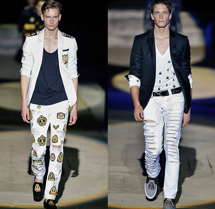 Philipp Plein 2015 Spring Summer Mens Runway Looks - Milano Moda Uomo Collezione Milan Fashion Week Italy Camera Nazionale della Moda Italiana - Denim Jeans Ripped Destroyed Frayed Destructed Outerwear Blazer Coat White Nautical Marine Military Sailor Rhinestones Metallic Studs Sequins Anchor Emblems Patches Leather Shorts Alligator Crocodile Reptile Skin Stripes Knit Sweater Jumper Bomber Jacket Motorcycle Biker Anchor Shark Vest Jogging Sweatpants Robe