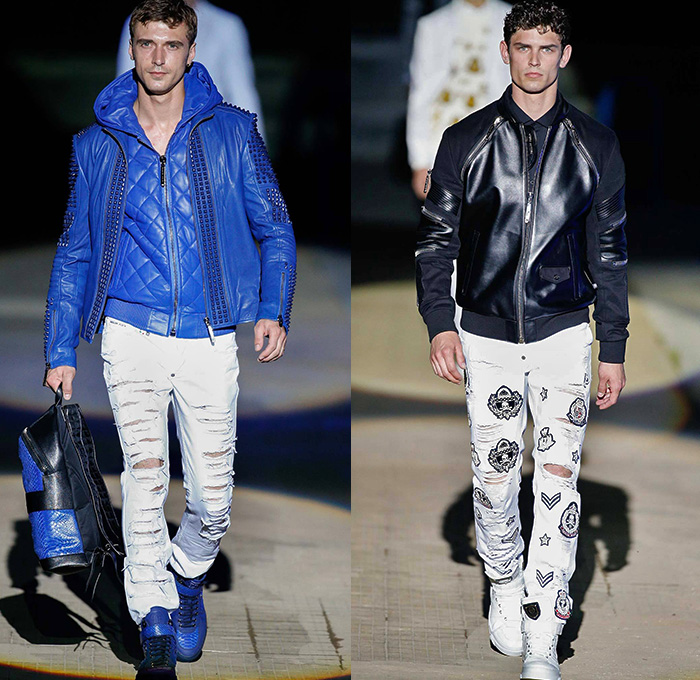 Philipp Plein 2015 Spring Summer Mens Runway Looks - Milano Moda Uomo Collezione Milan Fashion Week Italy Camera Nazionale della Moda Italiana - Denim Jeans Ripped Destroyed Frayed Destructed Outerwear Blazer Coat White Nautical Marine Military Sailor Rhinestones Metallic Studs Sequins Anchor Emblems Patches Leather Shorts Alligator Crocodile Reptile Skin Stripes Knit Sweater Jumper Bomber Jacket Motorcycle Biker Anchor Shark Vest Jogging Sweatpants Robe
