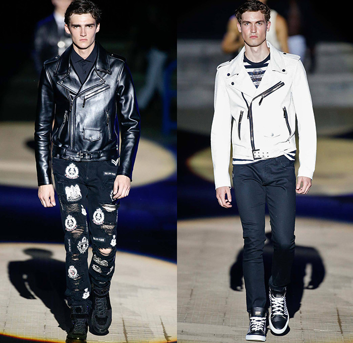 Philipp Plein 2015 Spring Summer Mens Runway Looks - Milano Moda Uomo Collezione Milan Fashion Week Italy Camera Nazionale della Moda Italiana - Denim Jeans Ripped Destroyed Frayed Destructed Outerwear Blazer Coat White Nautical Marine Military Sailor Rhinestones Metallic Studs Sequins Anchor Emblems Patches Leather Shorts Alligator Crocodile Reptile Skin Stripes Knit Sweater Jumper Bomber Jacket Motorcycle Biker Anchor Shark Vest Jogging Sweatpants Robe