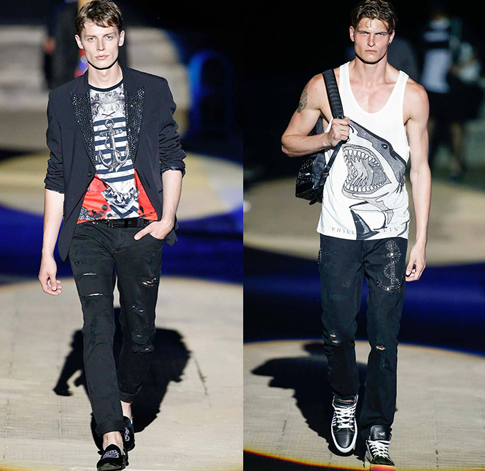 Philipp Plein 2015 Spring Summer Mens Runway Looks - Milano Moda Uomo Collezione Milan Fashion Week Italy Camera Nazionale della Moda Italiana - Denim Jeans Ripped Destroyed Frayed Destructed Outerwear Blazer Coat White Nautical Marine Military Sailor Rhinestones Metallic Studs Sequins Anchor Emblems Patches Leather Shorts Alligator Crocodile Reptile Skin Stripes Knit Sweater Jumper Bomber Jacket Motorcycle Biker Anchor Shark Vest Jogging Sweatpants Robe