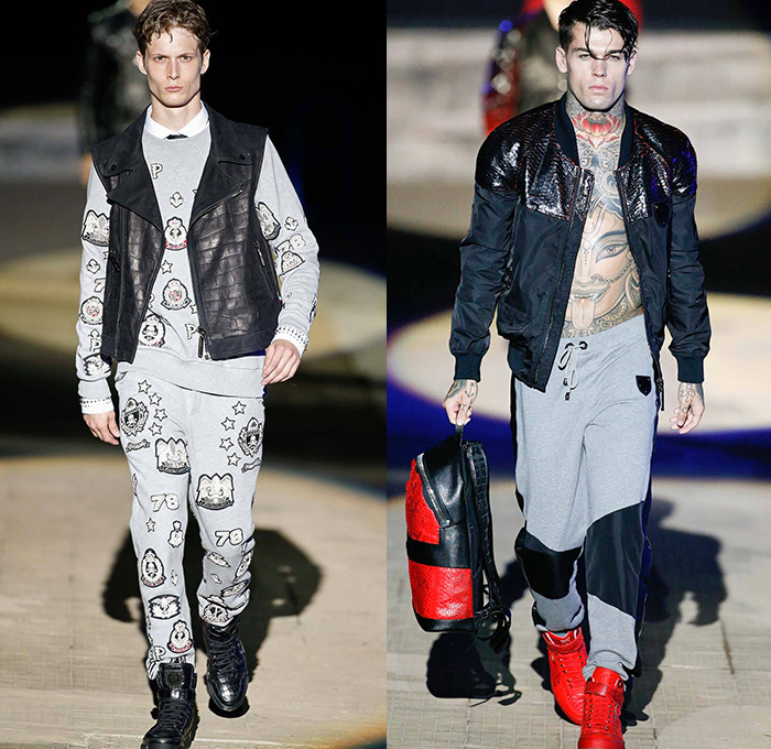 Philipp Plein 2015 Spring Summer Mens Runway Looks - Milano Moda Uomo Collezione Milan Fashion Week Italy Camera Nazionale della Moda Italiana - Denim Jeans Ripped Destroyed Frayed Destructed Outerwear Blazer Coat White Nautical Marine Military Sailor Rhinestones Metallic Studs Sequins Anchor Emblems Patches Leather Shorts Alligator Crocodile Reptile Skin Stripes Knit Sweater Jumper Bomber Jacket Motorcycle Biker Anchor Shark Vest Jogging Sweatpants Robe