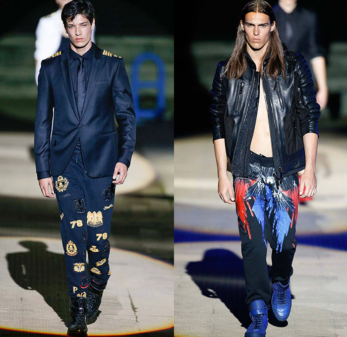 Philipp Plein 2015 Spring Summer Mens Runway Looks - Milano Moda Uomo Collezione Milan Fashion Week Italy Camera Nazionale della Moda Italiana - Denim Jeans Ripped Destroyed Frayed Destructed Outerwear Blazer Coat White Nautical Marine Military Sailor Rhinestones Metallic Studs Sequins Anchor Emblems Patches Leather Shorts Alligator Crocodile Reptile Skin Stripes Knit Sweater Jumper Bomber Jacket Motorcycle Biker Anchor Shark Vest Jogging Sweatpants Robe