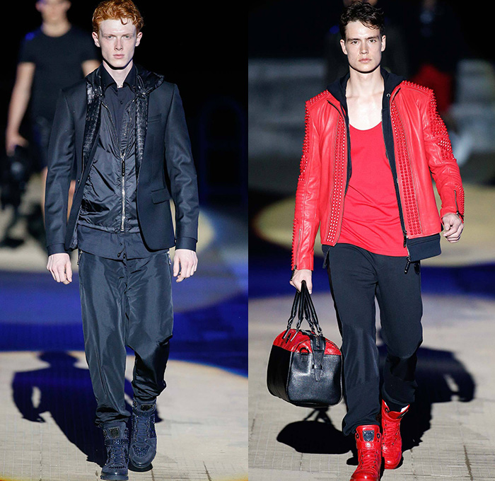 Philipp Plein 2015 Spring Summer Mens Runway Looks - Milano Moda Uomo Collezione Milan Fashion Week Italy Camera Nazionale della Moda Italiana - Denim Jeans Ripped Destroyed Frayed Destructed Outerwear Blazer Coat White Nautical Marine Military Sailor Rhinestones Metallic Studs Sequins Anchor Emblems Patches Leather Shorts Alligator Crocodile Reptile Skin Stripes Knit Sweater Jumper Bomber Jacket Motorcycle Biker Anchor Shark Vest Jogging Sweatpants Robe
