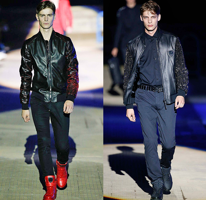 Philipp Plein 2015 Spring Summer Mens Runway Looks - Milano Moda Uomo Collezione Milan Fashion Week Italy Camera Nazionale della Moda Italiana - Denim Jeans Ripped Destroyed Frayed Destructed Outerwear Blazer Coat White Nautical Marine Military Sailor Rhinestones Metallic Studs Sequins Anchor Emblems Patches Leather Shorts Alligator Crocodile Reptile Skin Stripes Knit Sweater Jumper Bomber Jacket Motorcycle Biker Anchor Shark Vest Jogging Sweatpants Robe